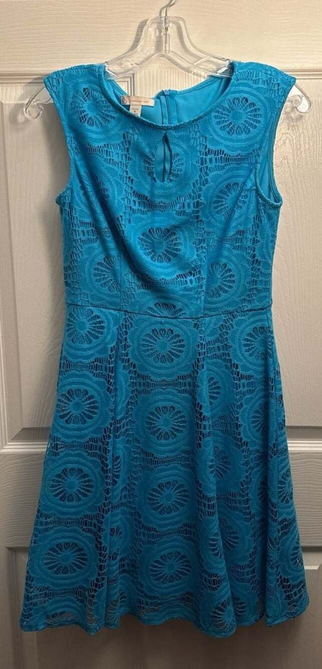 Dressbarn Blue Lace Fit and  Sleeveless Keyhole Dress Petite 4